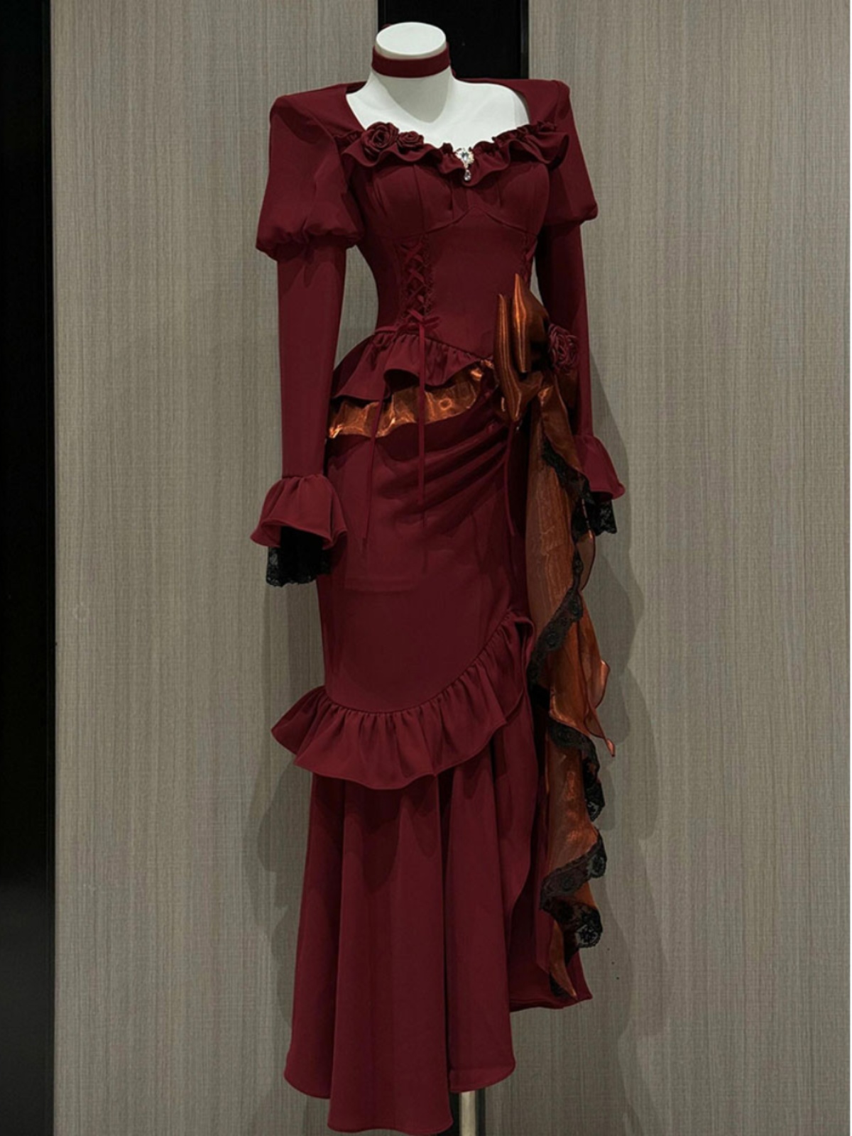 French Vintage Floral Midi Dress - Primavera vermelho vintage vestido feminino renda