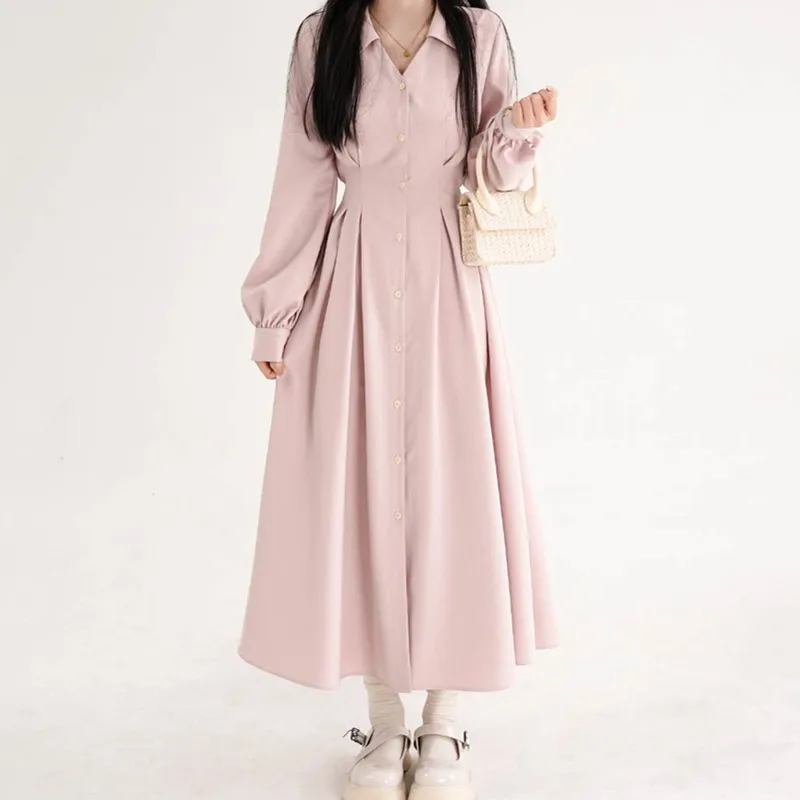 Vestido Midi Feminino Estilo C - Korean Style A Line Shirt Dress avaliação e preço